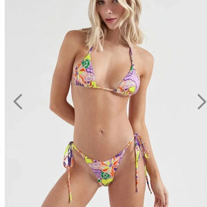 NWT OneOne Swimwear Bikini SET Bellflower Neon Yellow Print Ariel New Cheeky